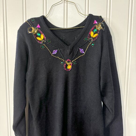 Vintage R&K Dress Women Size Medium Sweater Navy Blue Sequin Midi Long Sleeve - Picture 4 of 6